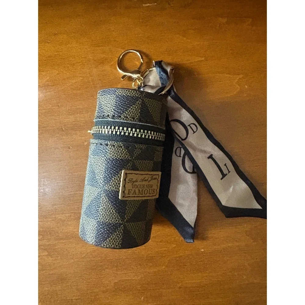 Cylindrical Lipstick Case Keychain with Scarf Accent‎ Brown Tan